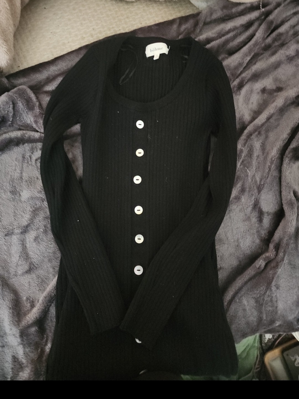 bohme Black Ribbed Button-Front Long Sleeve Dress